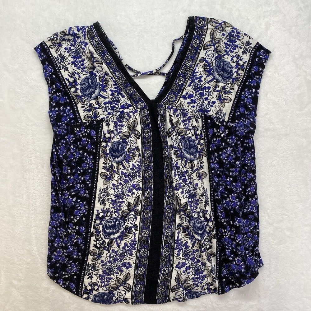 Lucky Brand top Womens S Short Sleeve Peasant Blue Print floral - flaw